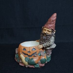 Charming Gnome with Gourds And Jack O Lantern Pumpkin Tea Light Candle Holder